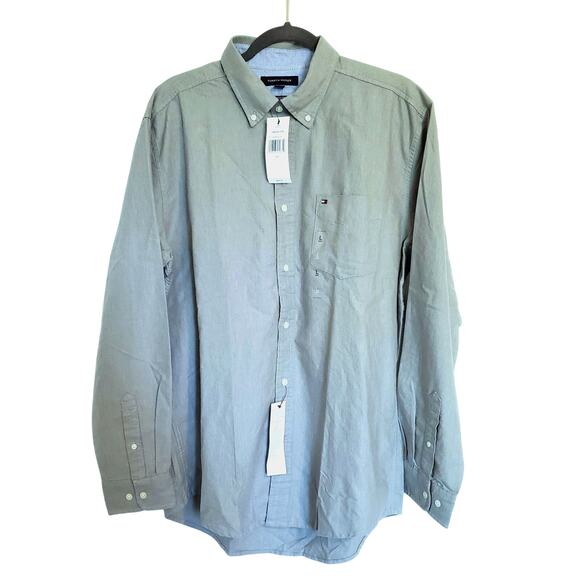 Tommy Hilfiger Mens Classic Fit Shirt M Button Down Cotton Green/Gray Basic NWT - Picture 1 of 8